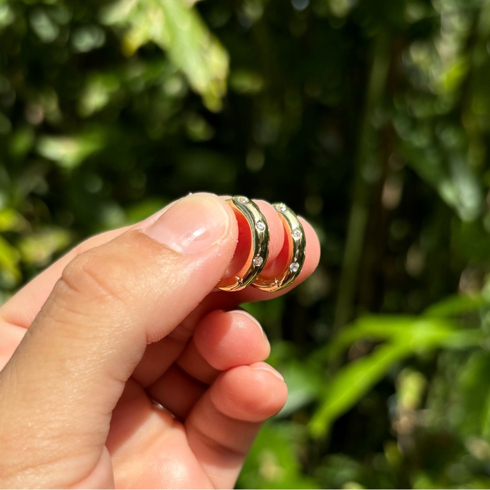 18K Gold Plated Stainless Steel Dainty Diamond Hoop Earrings - Picture 4 of 6